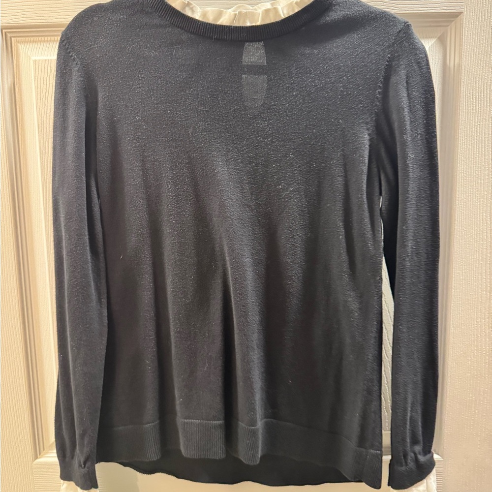 LOFT Black Sweater w/ White Ruffle Trim Detail